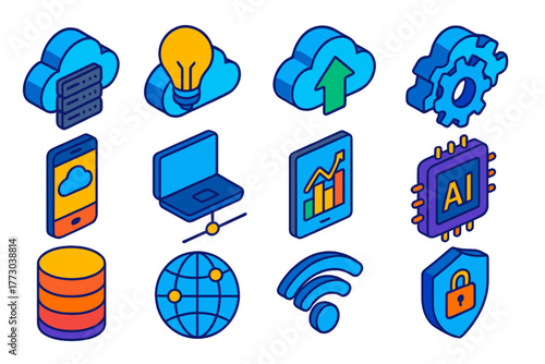 Cloud Innovation Icons. Isometric vector illustration set Cloud Innovation Icons: cloud server, lightbulb, data upload arrow, gear