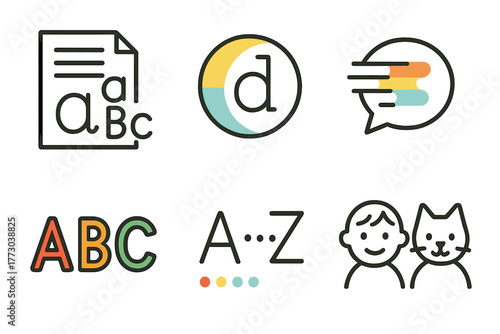 Phonetic Icon Art. Line style icons of Letter and Sound Mapping: letters echoing shapes, phoneme with color overlay, speech bubble