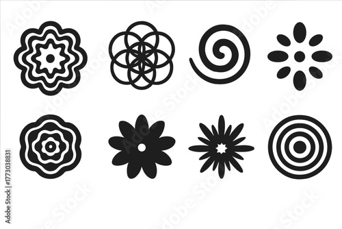 Sonic Geometry Icons. Solid style icons of cymatics-inspired visuals: Sonic Flower Pattern, Sacred Geometry Icon, Spiraling Tone