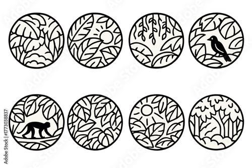 Jungle Canopy Icons. Line style icons of jungle canopy in round shape: thick canopy, overlapping leaves, treetop view, sun through