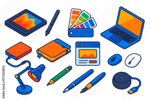 Creative Design Toolkit. Isometric vector illustration set design tools for graphic designers and creatives: HD drawing display,