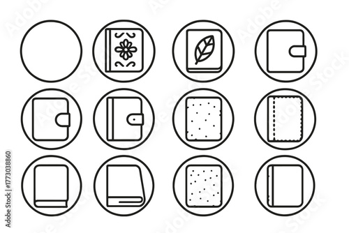 Leather Cover Icons. Line style icons of leather covers in round shape: smooth leather cover, tooled leather, embossed design,