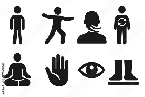 Qigong Practice Icons. Solid style icons of Qigong practice: Standing Posture, Arm Movement, Deep Breathing, Energy Flow, Seated