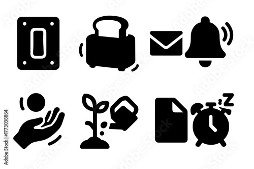 Task Outcome Icons. Solid style icons of simple task outcomes: Light Switch On, Toast Popped, Letter Mailed, Bell Rung, Ball