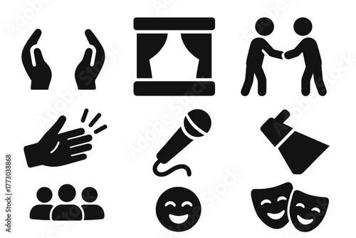 Comedic Improv Icons. Solid style icons of Comedic Improv Game: "Yes, And...", Stage, Partner, Spontaneity, Microphone, Spotlight,