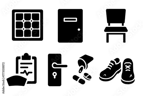 Early Psychiatric Icons. Solid style icons of early psychiatric ward: Padded Room, Observation Slot, Stiff Chair, Chart Clipboard,