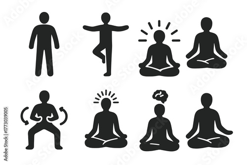 Qigong Meditation Icons. Solid style icons of Qigong meditation styles: Wuji Stance, Standing Tree Pose, Seated Lotus, Energy