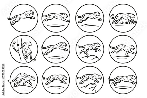 Leopard Motion Icons. Line style icons of leopards in motion in round shape: jumping leopard, sprinting leopard, leaping predator,