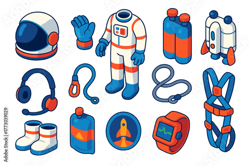 Astronaut Gear Icons. Isometric vector illustration set Astronaut Gear Icons: space helmet, astronaut gloves, oxygen tank, EVA
