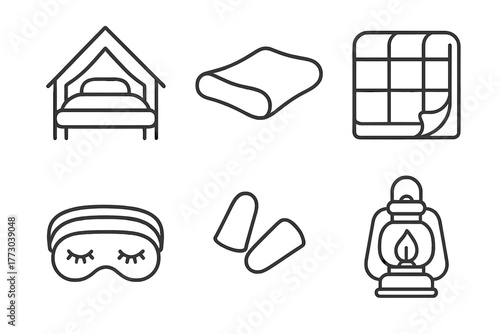 Comfortable Sleep Essentials. Line style icons of Comfortable Sleeping Items: glamping bed, memory foam pillow, warm quilt,