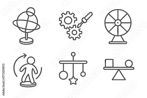 Kinetic Art Icons. Line style icons of Kinetic Art for Children: spinning toy sculpture, interactive learning gear, color wheel