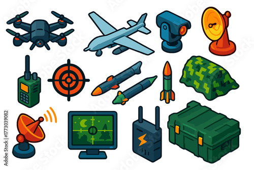Military Drone Icons. Isometric vector illustration set Military Drone Technology: tactical drone, fixed-wing drone, surveillance