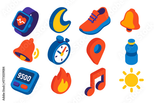 Active Lifestyle Icons. Isometric vector illustration set Active Lifestyle Icons: smartwatch, heartbeat, sports shoe, moon for
