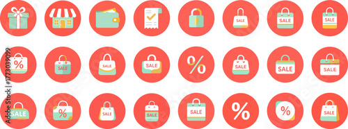 24 flat-design circular icons on a red background for shopping and sales
