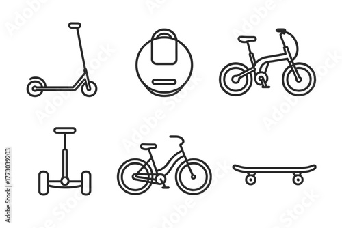 Personal Vehicle Icons. Line style icons of Personal Lightweight Vehicles: kick scooter, monowheel device, collapsible e-bike,