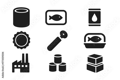 Industrial Canning Icons. Solid style icons of Industrial Canning: Tin, Fish, Oil, Label, Can Opener, Packed Fish, Factory, Stack,