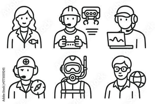 Research Crew Icons. Line style icons of Research Crew Roles: lead marine biologist, ROV pilot, sonar technician, navigation