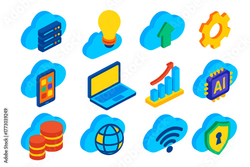 Cloud Innovation Icons. Isometric vector illustration set Cloud Innovation Icons: cloud server, lightbulb, data upload arrow, gear