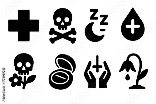 Laudanum's Dual Identity Icons. Solid style icons of laudanum’s dual identity: Medicine Cross, Poison Symbol, Sleep Moon, Pain