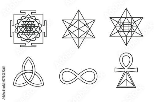 Spiritual Geometry Icons. Line style icons of Spiritual Geometry Symbols: Sri Yantra, Merkaba star, hexagram grid, triquetra knot,