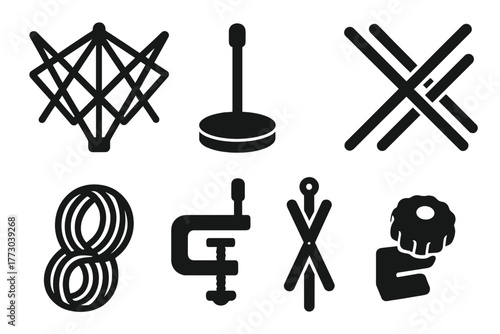 Yarn Swift Components. Solid style icons of yarn swift components: Umbrella Frame, Rotating Base, Center Pole, Wooden Arms, Open