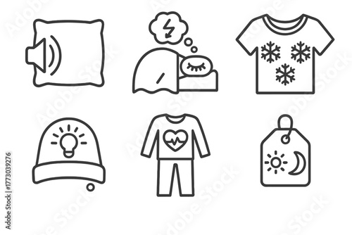 Sleep Tech Icons. Line style icons of Sleep-Optimized Textiles: sound-dampening pillowcase, REM monitor blanket, cooling fabric