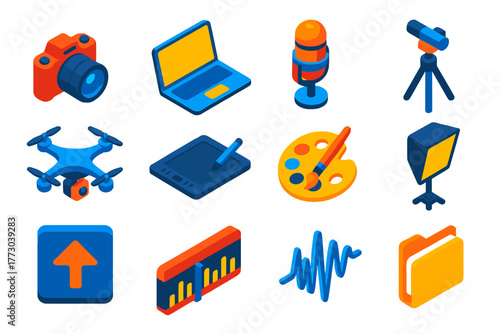 Isometric Creator Toolkit Icons. Isometric vector illustration set Creator Toolkit Icons: camera, laptop, microphone, tripod,