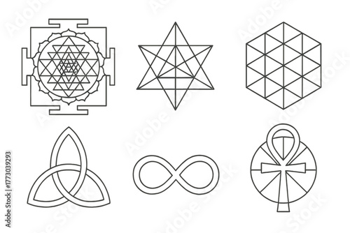 Spiritual Geometry Icons. Line style icons of Spiritual Geometry Symbols: Sri Yantra, Merkaba star, hexagram grid, triquetra knot,