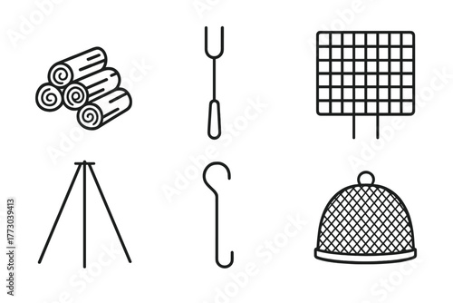 Glamping Accessories Icons. Line style icons of Glamping Campfire Accessories: firewood stack, roasting stick, grill grate,