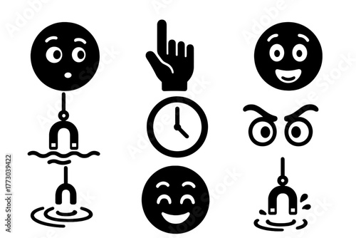 Magnet Fishing Icons. Solid style icons of magnet fishing mood: Curiosity Face, Anticipation Hand, Surprise Gesture, Grinning