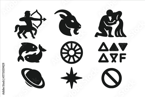 Zodiac Icons Collection. Solid style icons of remaining zodiac signs: Sagittarius Archer, Capricorn Goat, Aquarius Water Bearer,