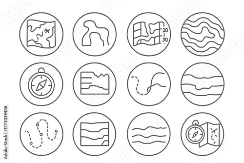 Caving Navigation Icons. Line style icons of caving maps and navigation in round shape: hand-drawn map, passage sketch, grid