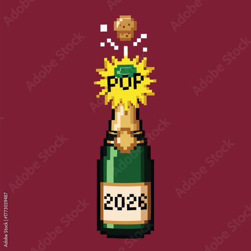 Pixel Art Champagne Bottle Popping for New Year 2026 Celebration.