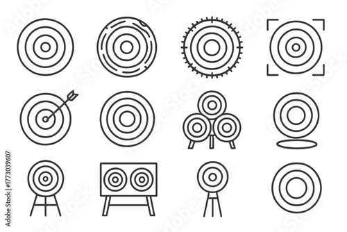 Target Icon Variations. Line style icons of targets in round shape: bullseye target, wooden target, straw target, digital target;