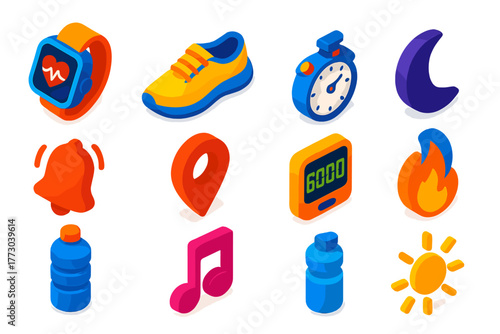 Active Lifestyle Icons. Isometric vector illustration set Active Lifestyle Icons: smartwatch, heartbeat, sports shoe, moon for