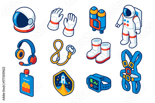 Astronaut Gear Icons. Isometric vector illustration set Astronaut Gear Icons: space helmet, astronaut gloves, oxygen tank, EVA