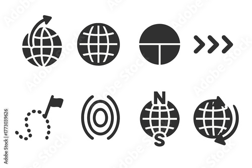 Earth Pole Shift Icons. Solid style icons of pole shift visuals: Moving Pole Marker, Earth Grid Lines, Hemisphere Change, Time