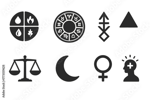 Ancient Medical Icons. Solid style icons of ancient medical beliefs: Four Humors Symbol, Zodiac Wheel, Alchemical Sign, Elemental