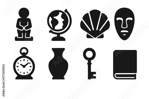 Collectible Curiosities Icons. Solid style icons of Collectible Curiosities: Figurine, Miniature Globe, Shell, Mask, Clock, Vase,