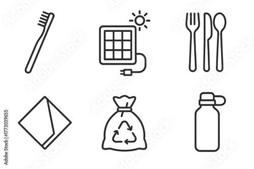 Eco-Friendly Camping Icons. Line style icons of Eco-Friendly Glamping Tools: bamboo toothbrush, solar charger, reusable utensils,