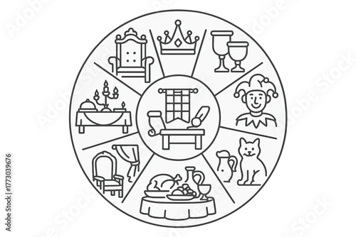 Royal Castle Icons. Line style icons of royal castle life in round shape: king’s throne, queen’s crown, banquet table, goblet set;