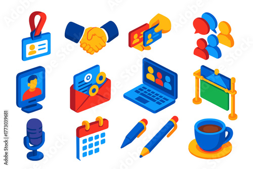 Corporate Networking Icons. Isometric vector illustration set Corporate Networking Icons: name badge, handshake, business card