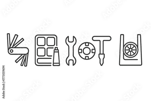 Bike Repair Icon Set. Line style icons of Compact Ride Repair Tools: Allen key set, tire patch kit, mini wrench, spoke tool, seat