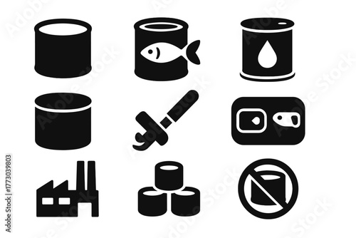 Industrial Canning Icons. Solid style icons of Industrial Canning: Tin, Fish, Oil, Label, Can Opener, Packed Fish, Factory, Stack,