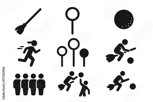 Muggle Quidditch Icons. Solid style icons of Muggle Quidditch Match: Broomstick, Hoop, Bludger, Snitch Runner, Goal Post, Player,