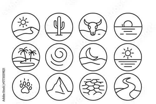 Desert Iconography. Line style icons of desert symbols in round shape: sun over dune, lone cactus, desert skull, horizon line;