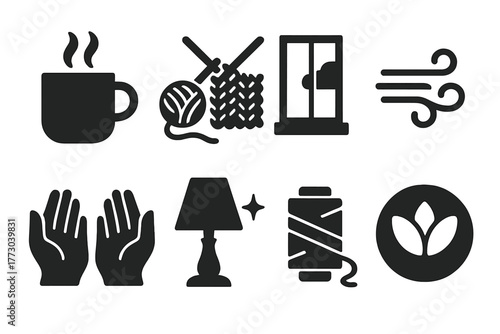 Cozy Knitting Scene. Solid style icons of peaceful fiber arts atmosphere: Steaming Mug, Knitting Project, Open Window, Gentle