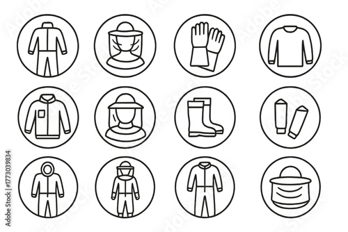 Beekeeping Gear Icons. Line style icons of beekeeping clothing in round shape: beekeeper suit, mesh veil, protective gloves,