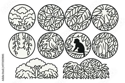 Jungle Canopy Icons. Line style icons of jungle canopy in round shape: thick canopy, overlapping leaves, treetop view, sun through