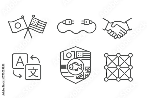 Deep-Sea Research Collaboration. Line style icons of International Deep-Sea Research Collaboration: research flags, shared data